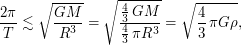 $\displaystyle \frac{2\pi}{T} \lesssim \sqrt\frac{GM}{R^3} = \sqrt{\frac{\frac{4}{3} \,GM}{\frac{4}{3}\,\pi R^3 }} = \sqrt{\frac{4}{3}\, \pi G \rho}, $